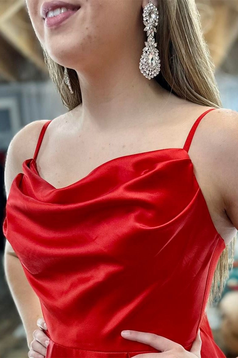 Red Cowl Neck Spaghetti Strap A-Line Long Prom Dress
