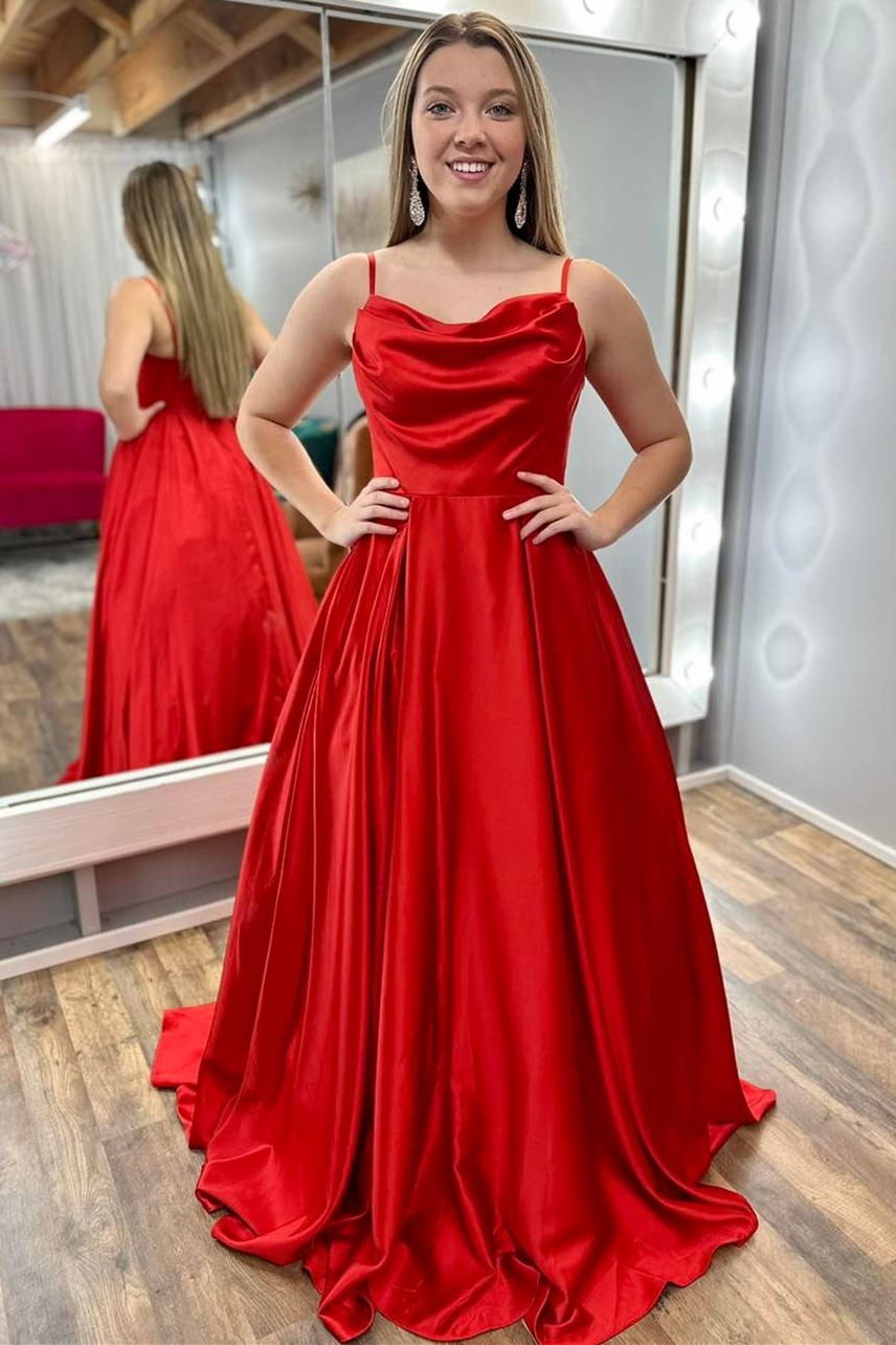 Red Cowl Neck Spaghetti Strap A-Line Long Prom Dress