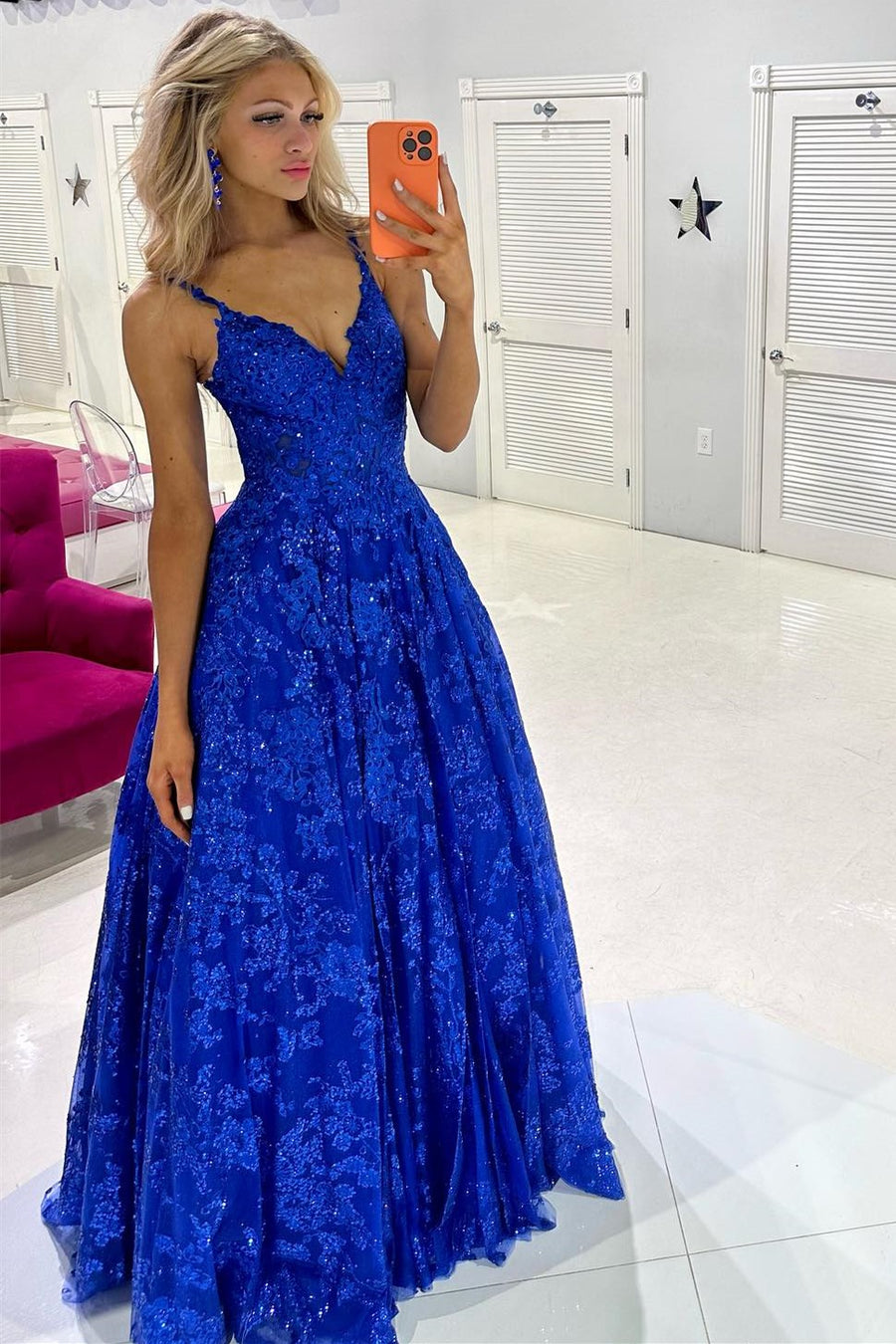 Royal Blue Sequin Lace V-Neck A-Line Long Prom Dress