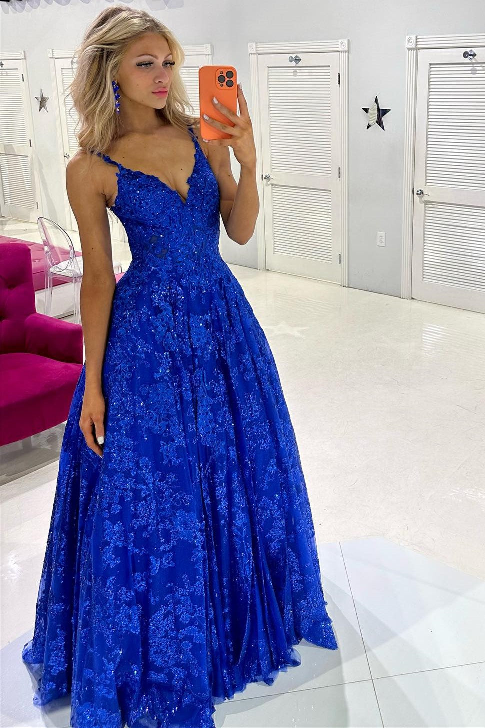 Royal Blue Sequin Lace V-Neck A-Line Long Prom Dress Modsele Royal Blue Sequin Lace V-Neck A-Line Long Prom Dress Modsele