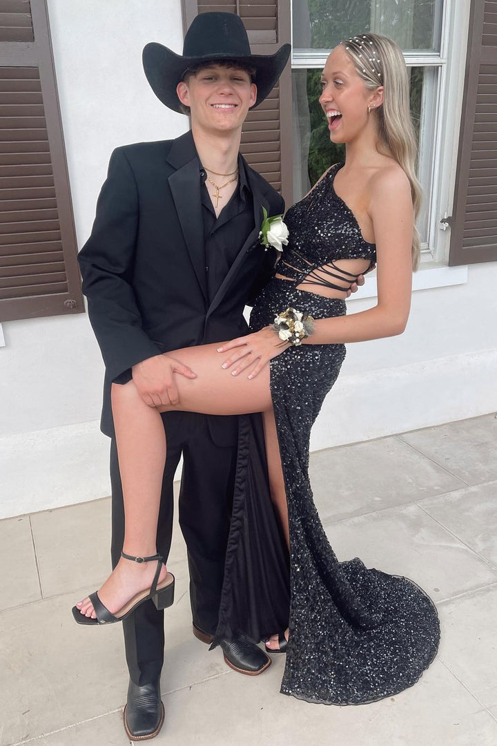 Black Sequin One-Shoulder Keyhole Lace-Up Long Prom Dress