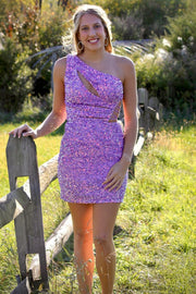 Lilac Sequin One-Shoulder Keyhole Lace-Up Short Party Dress