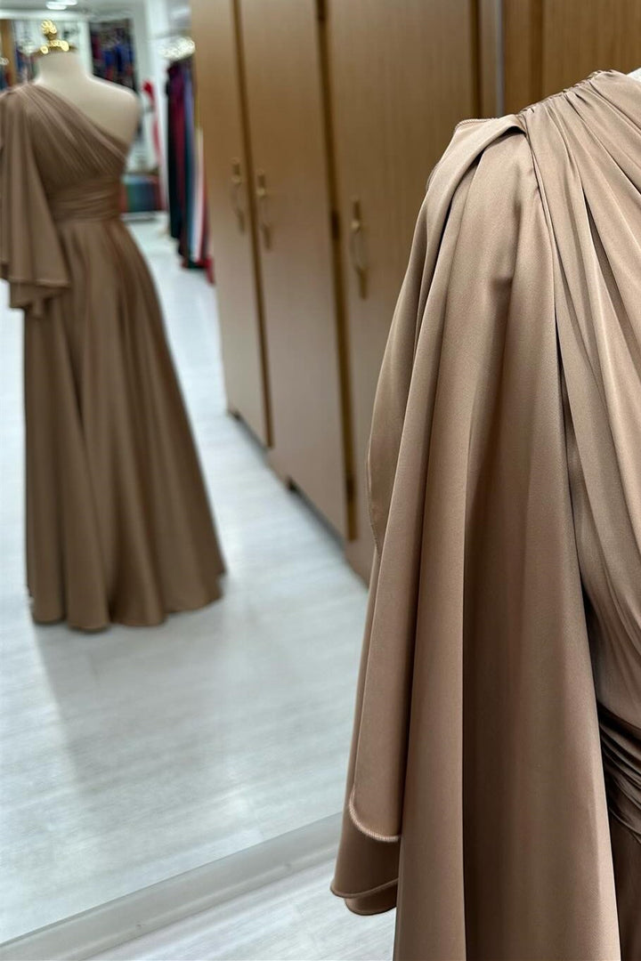 One-Shoulder Flared Sleeve A-Line Long Formal Dress in champagne