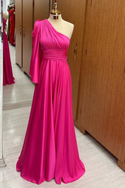 One-Shoulder Flared Sleeve A-Line Long Formal Dress in hot pink