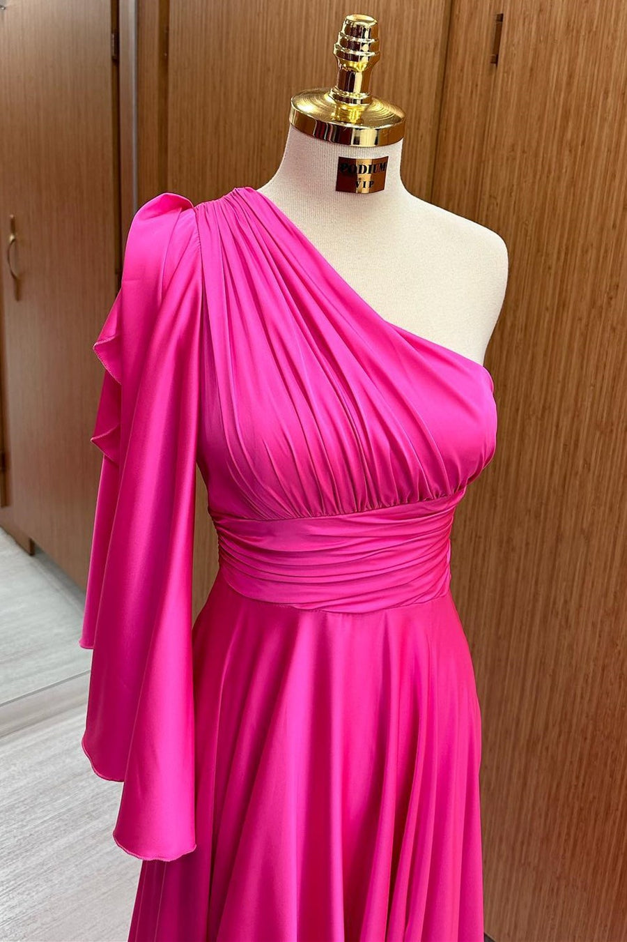 One-Shoulder Flared Sleeve A-Line Long Formal Dress in hot pink