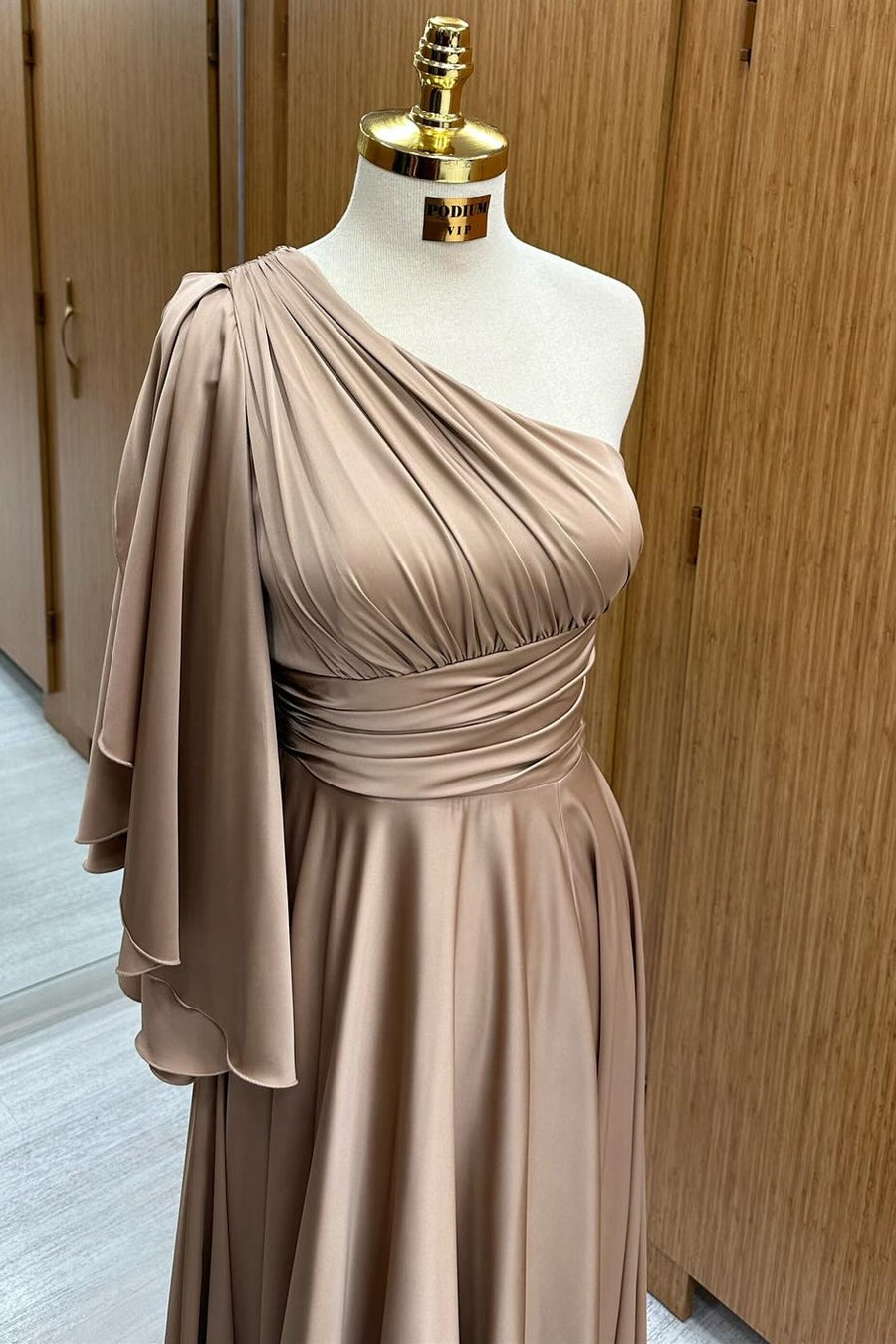 Champagne One-Shoulder Flared Sleeve A-Line Long Formal Dress Modsele Champagne One-Shoulder Flared Sleeve A-Line Long Formal Dress Modsele