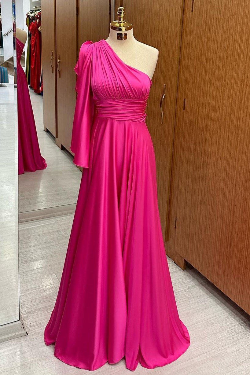 One-Shoulder Flared Sleeve A-Line Long Formal Dress in hot pink