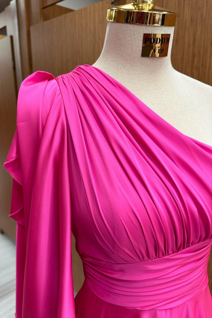 One-Shoulder Flared Sleeve A-Line Long Formal Dress in hot pink