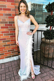 Silver Sequin V-Neck Lace-Up Long Prom Dress with Feathers