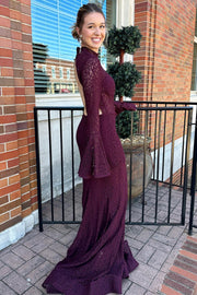 Plum Lace High Collar Trumpet Long Formal Dress with Bell Sleeves