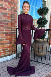 Plum Lace High Collar Trumpet Long Formal Dress with Bell Sleeves