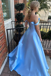 Blue Off-the-Shoulder Lace-Up Ball Gown