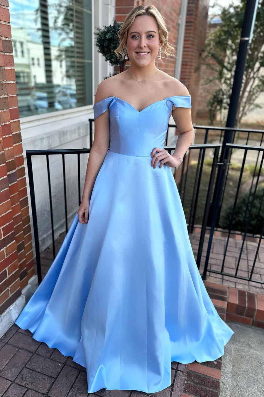 Blue Off-the-Shoulder Lace-Up Ball Gown