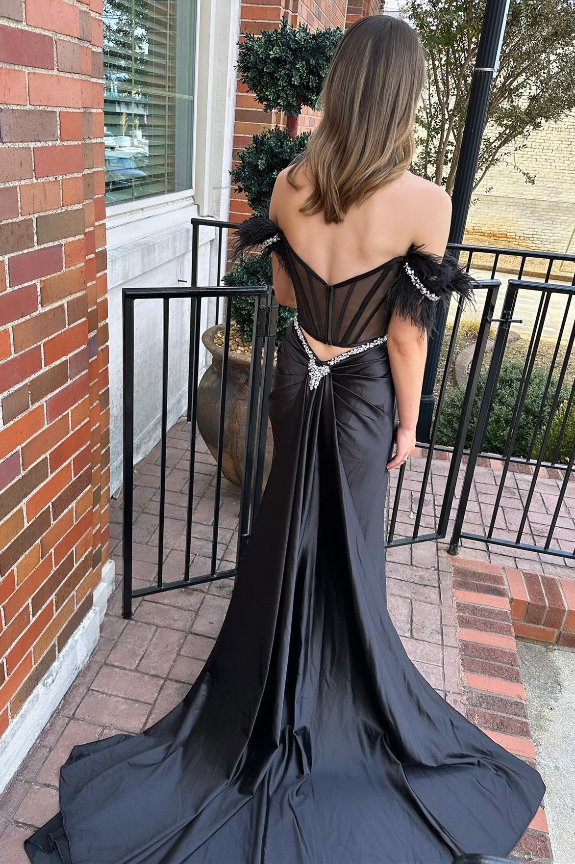 Black Off-the-Shoulder Sheer Bodice Long Gown with Attached Train