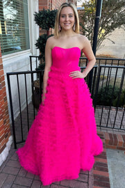 Hot Pink Strapless Ruffle A-Line Long Prom Dress
