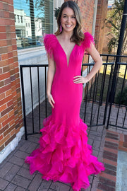 Hot Pink Plunge V Feather Ruffle Multi-Layer Long Gown