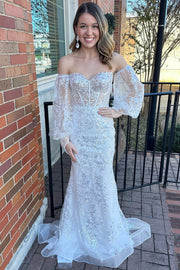White Sequin Lace Strapless Long Formal Dress with Balloon Sleeves
