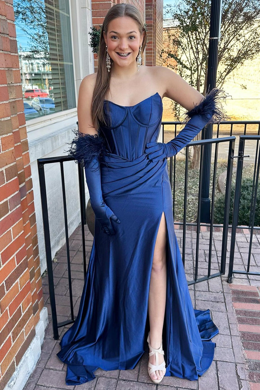 Navy Blue Strapless Trumpet Long Prom Dress with Gloves