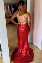 Red Sequin Surplice Lace-Up Mermaid Long Prom Dress with Slit
