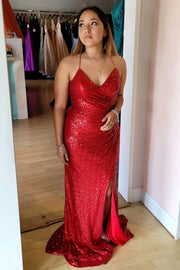 Red Sequin Surplice Lace-Up Mermaid Long Prom Dress with Slit