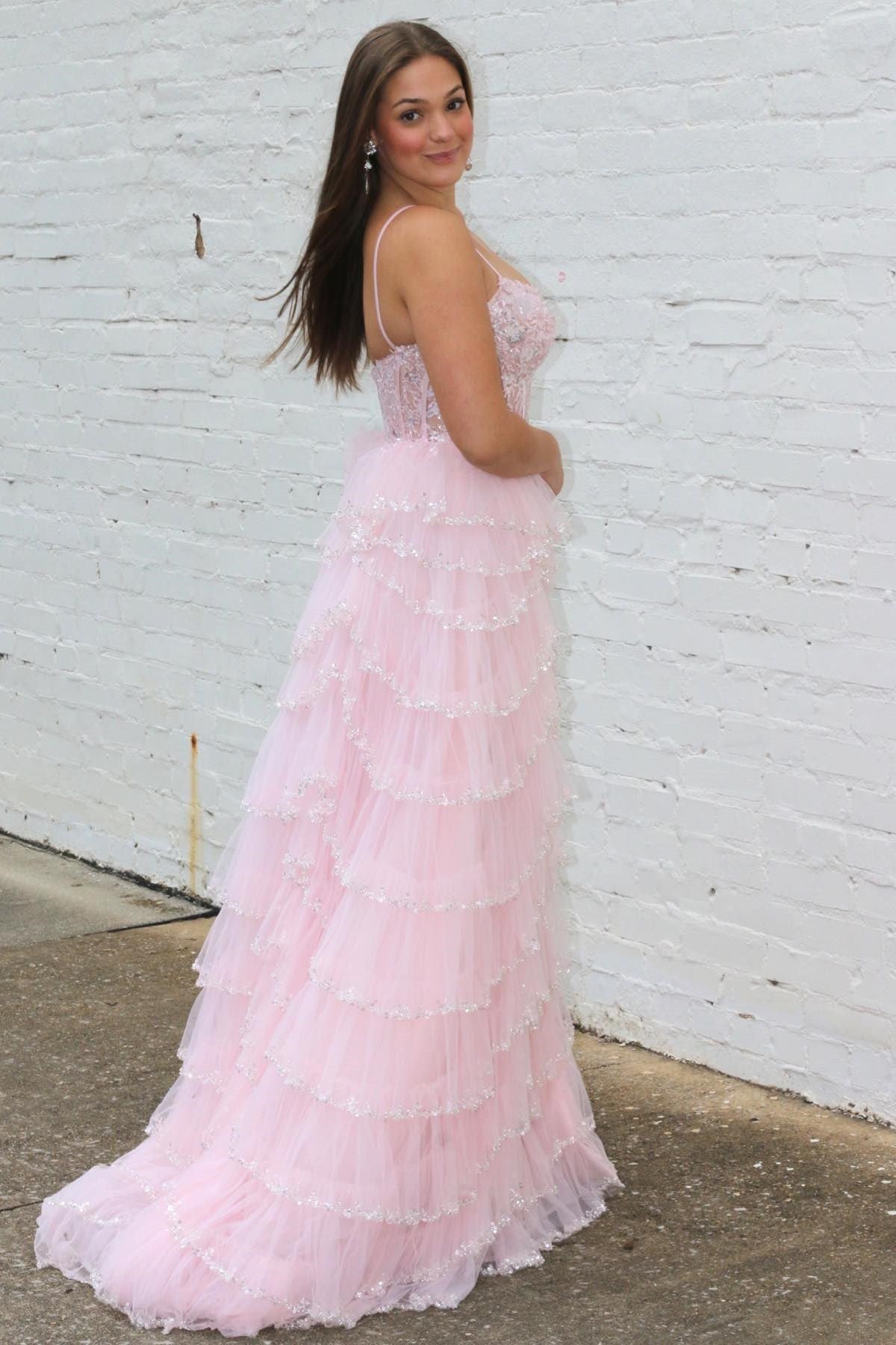 Pink Sequin Lace Spaghetti Strap Ruffle Tiered Long Prom Dress