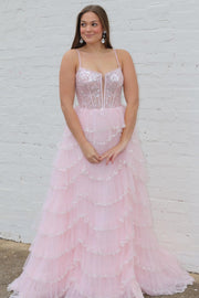 Pink Sequin Lace Spaghetti Strap Ruffle Tiered Long Prom Dress