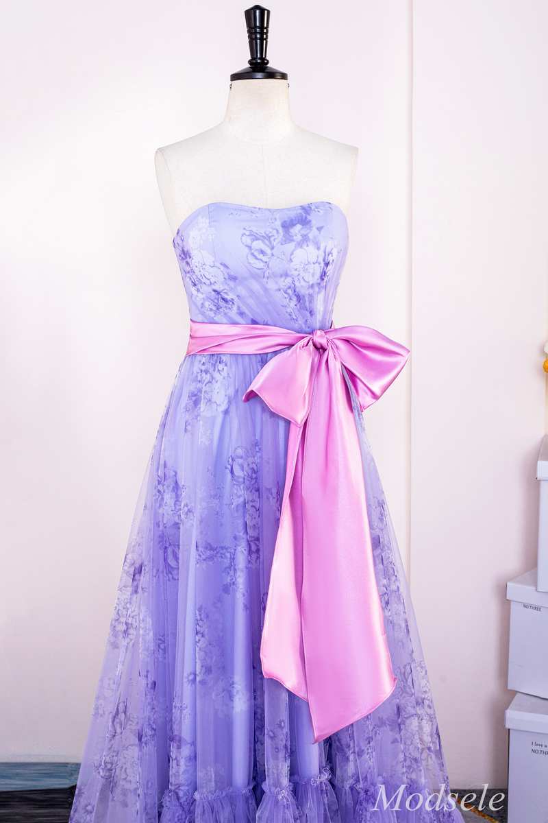 Lavender Print Strapless Bow Front A-Line Long Prom Dress