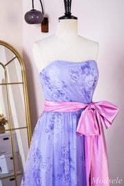 Lavender Print Strapless Bow Front A-Line Long Prom Dress
