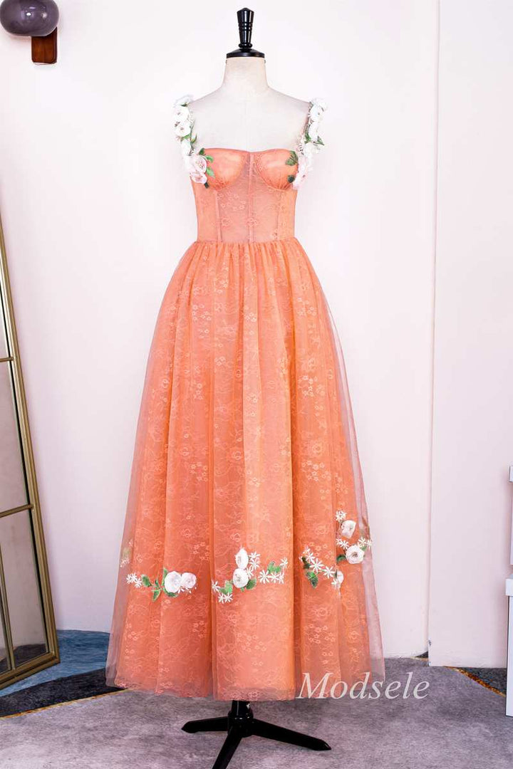 Orange Lace 3D Floral Lace Corset A-Line Long Prom Dress