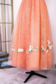 Orange Lace 3D Floral Lace Corset A-Line Long Prom Dress