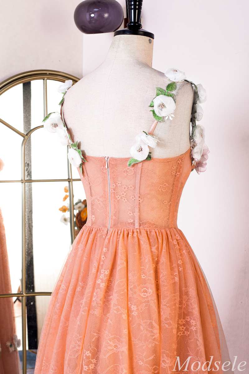 Orange Lace 3D Floral Lace Corset A-Line Long Prom Dress