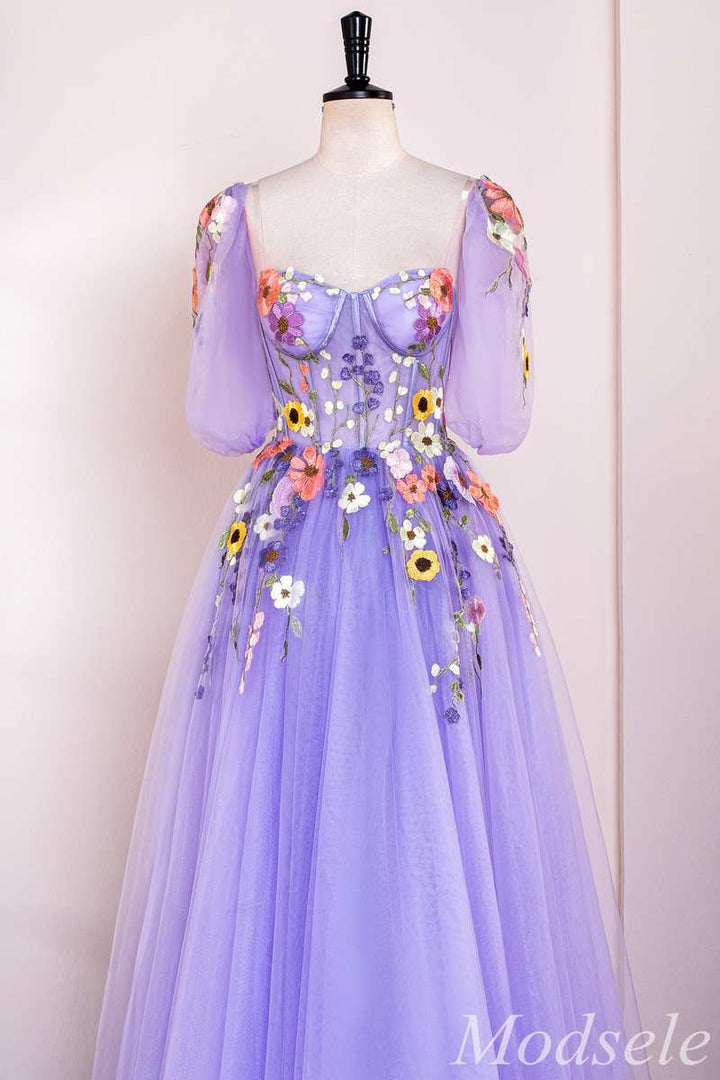 Lavender Floral Appliques Sweetheart A-Line Long Prom Dress