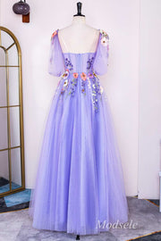 Lavender Floral Appliques Sweetheart A-Line Long Prom Dress