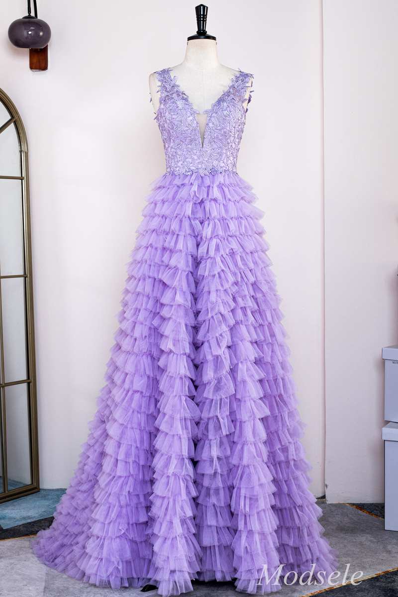 Lavender Appliques Plunge V Ruffle Tiered Long Prom Dress with Slit