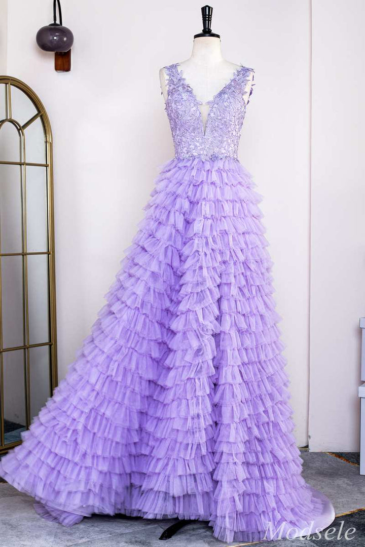 Lavender Appliques Plunge V Ruffle Tiered Long Prom Dress with Slit