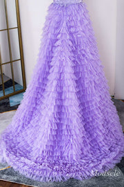 Lavender Appliques Plunge V Ruffle Tiered Long Prom Dress with Slit