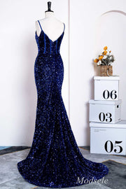 Royal Blue Sequin Spaghetti Strap Mermaid Long Formal Dress