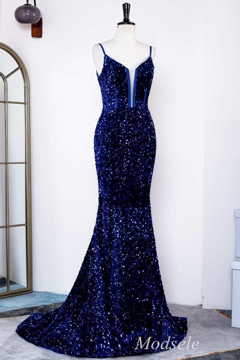 Royal Blue Sequin Spaghetti Strap Mermaid Long Formal Dress