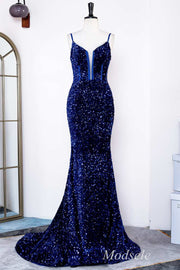 Royal Blue Sequin Spaghetti Strap Mermaid Long Formal Dress