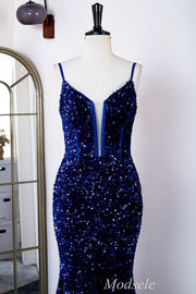 Royal Blue Sequin Spaghetti Strap Mermaid Long Formal Dress