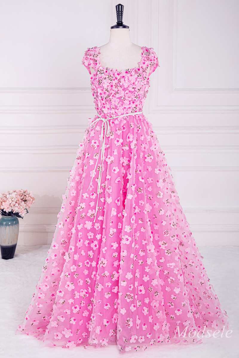 Pink 3D Floral Lace Cap Sleeve A-Line Long Prom Dress with Slit Modsele Pink 3D Floral Lace Cap Sleeve A-Line Long Prom Dress with Slit Modsele