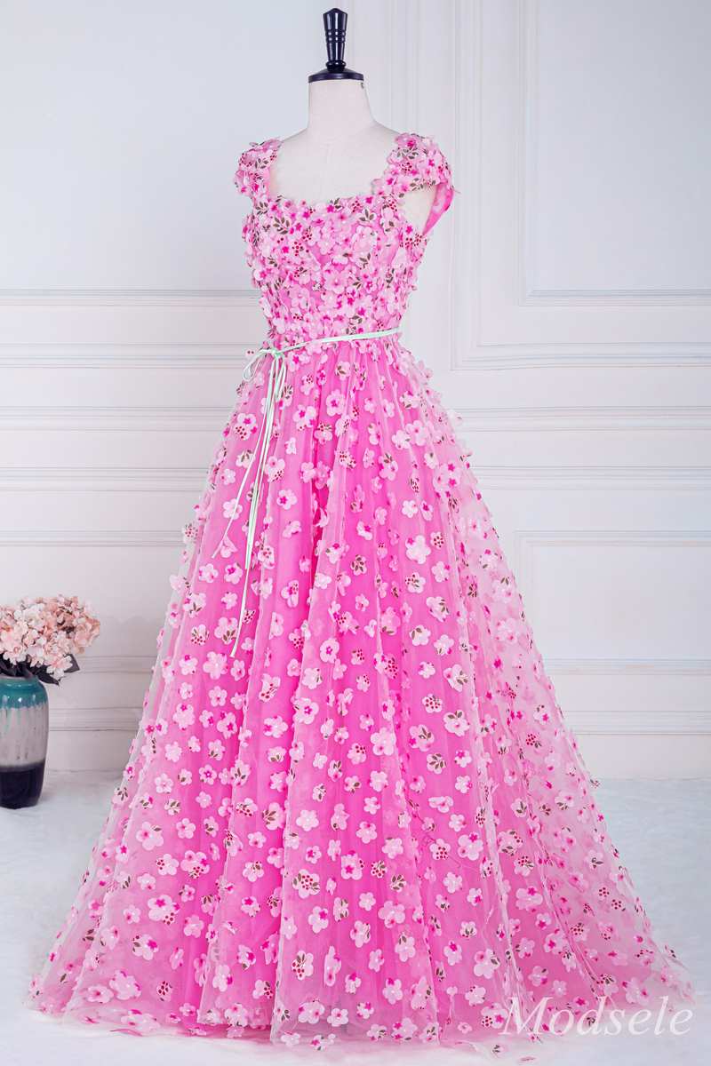 Pink 3D Floral Lace Cap Sleeve A-Line Long Prom Dress with Slit