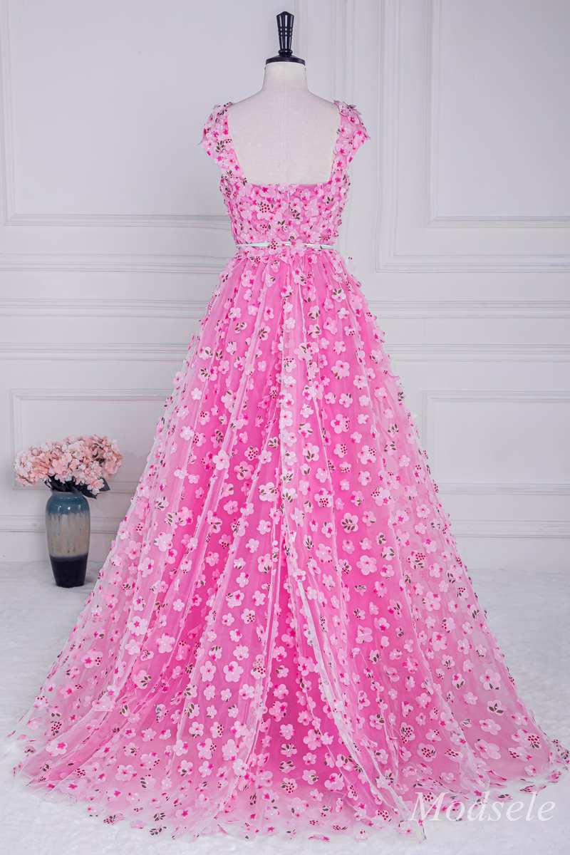 Pink 3D Floral Lace Cap Sleeve A-Line Long Prom Dress with Slit