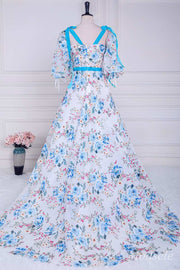 Floral Embroidery V-Neck A-Line Long Prom Dress with Puff Sleeves