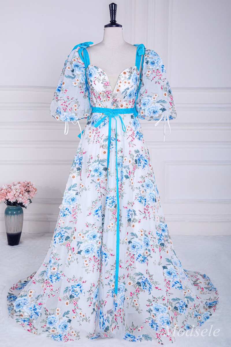 Floral Embroidery V-Neck A-Line Long Prom Dress with Puff Sleeves Modsele Floral Embroidery V-Neck A-Line Long Prom Dress with Puff Sleeves Modsele