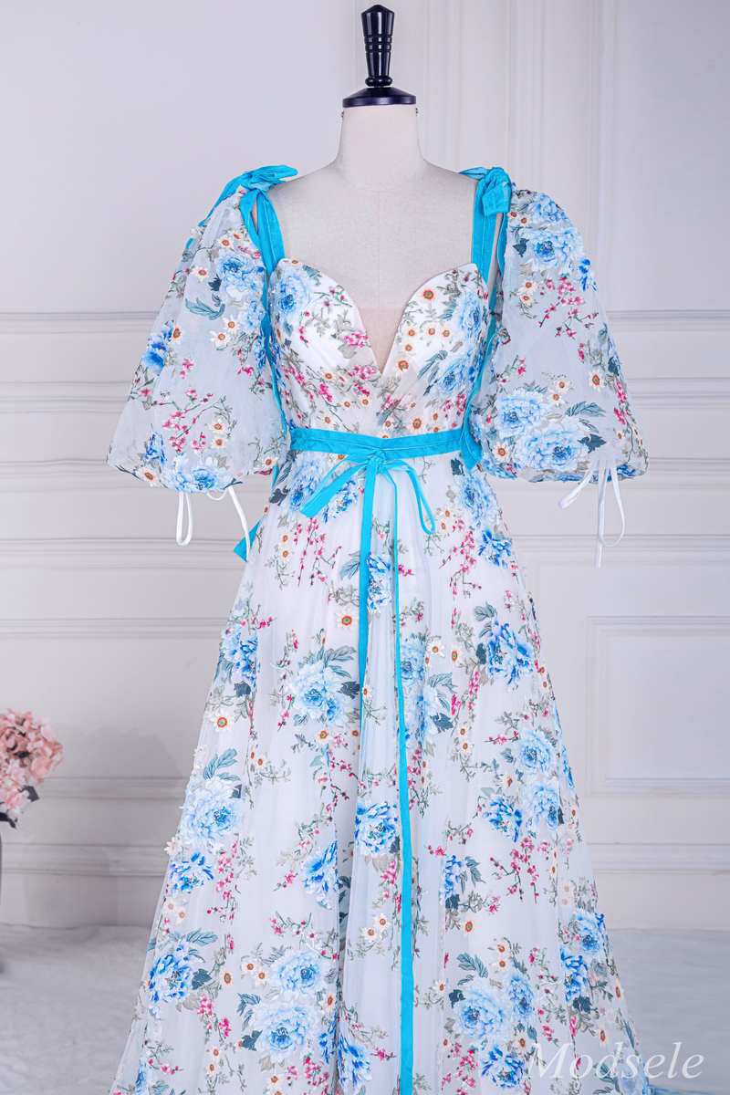 Floral Embroidery V-Neck A-Line Long Prom Dress with Puff Sleeves Modsele Floral Embroidery V-Neck A-Line Long Prom Dress with Puff Sleeves Modsele