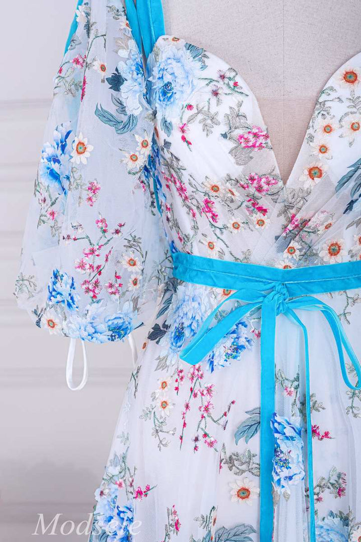 Floral Embroidery V-Neck A-Line Long Prom Dress with Puff Sleeves