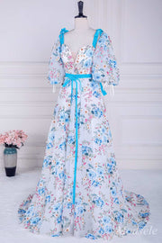 Floral Embroidery V-Neck A-Line Long Prom Dress with Puff Sleeves