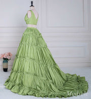 Two-Piece Green Taffeta V-Neck Ruffle Ball Gown