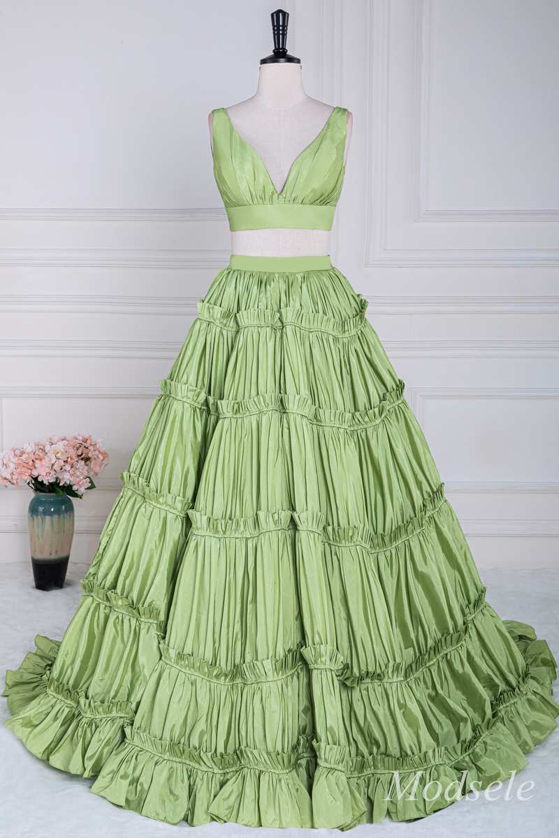 Shop strapless two piece green sequin a-line prom dress with pockets from  Hocogirl.com